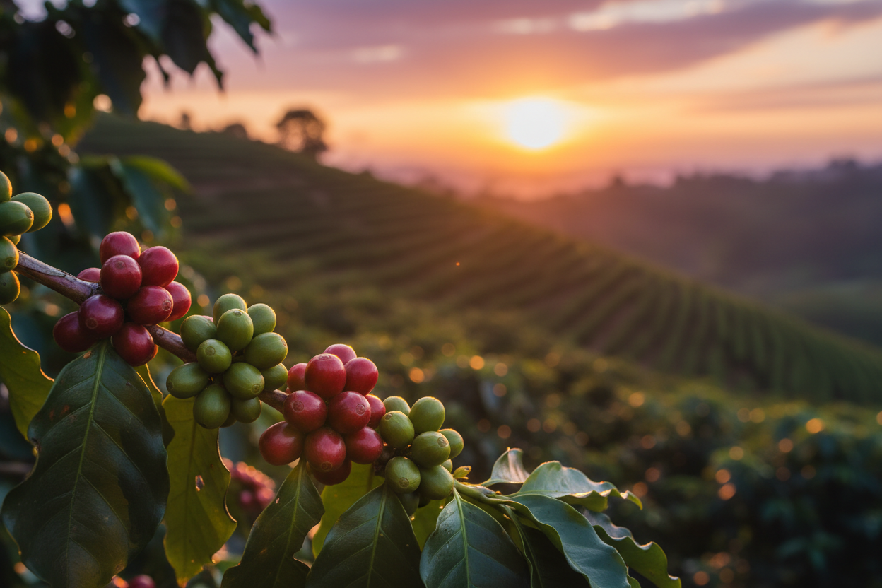 Coffee Raw Bean from the farm with beautiful sunset