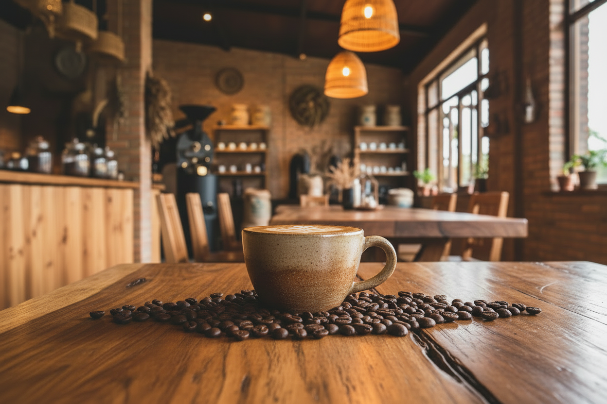Now keep this same background and table. But change the coffee cherries to a cup of coffee in a beautiful artesian/ minimal/ earthy style cup filled with coffee. The coffee should have a design with frothed milk. Spread coffee beans along the bottom on the table.