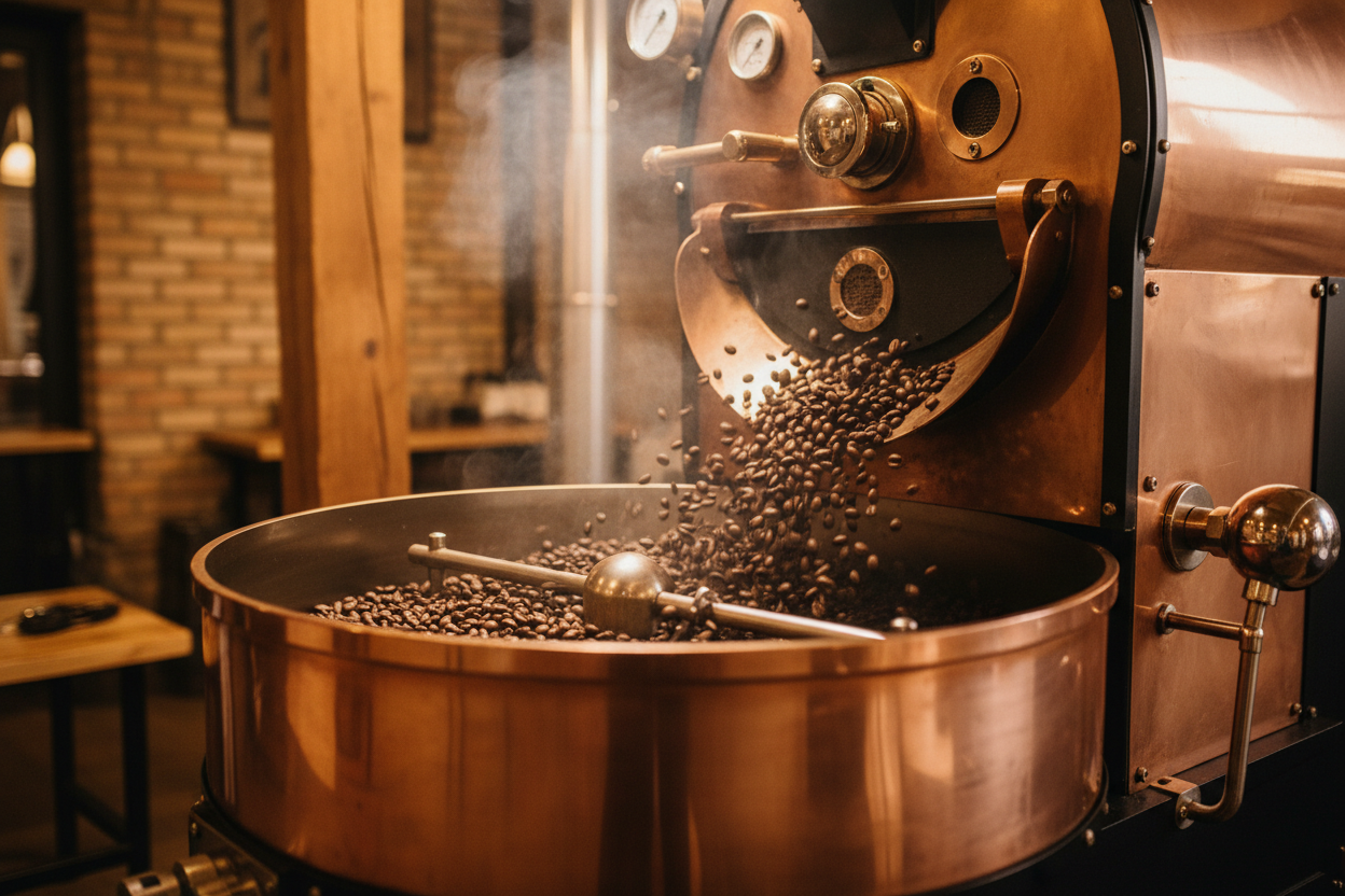 Roasting coffee beans without flame in a cooper roaster. 